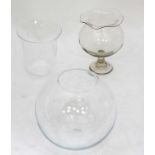 3 glass items comprising : Large glass bowl + hand blown pot and large pedestal bowl (3)