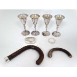 Assorted items to include a walking stick handle with silver collar, 4 silver plated goblets ,