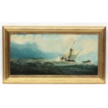 A Lochleur XIX maritime Oil on canvas Dutch fishing boat passing a Dutch Man-O-War moored Stretcher