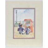 Kim Pragnell '87' Watercolour Punch and Judy show Monogrammed and dated lower right 7 1/4 x 5"