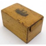 Mauchline Ware : An unusual money box with coin slide drawer to side and having trap door feature.