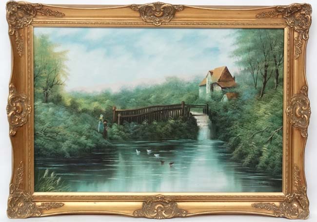 T Lomas XX Oil on canvas Feeding waterfowl on a lake with weir Signed lower right 23 1/2 x 35 1/2"