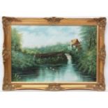 T Lomas XX Oil on canvas Feeding waterfowl on a lake with weir Signed lower right 23 1/2 x 35 1/2"