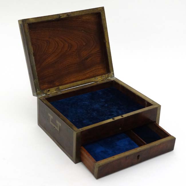 A burrwood Campaign box with brass edges and corners and drawer under. - Image 2 of 8