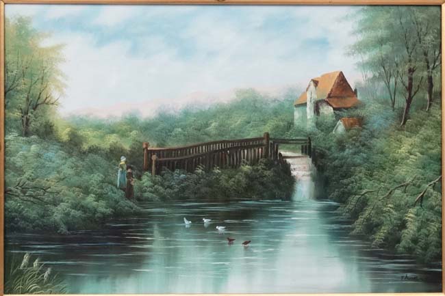 T Lomas XX Oil on canvas Feeding waterfowl on a lake with weir Signed lower right 23 1/2 x 35 1/2" - Image 3 of 4