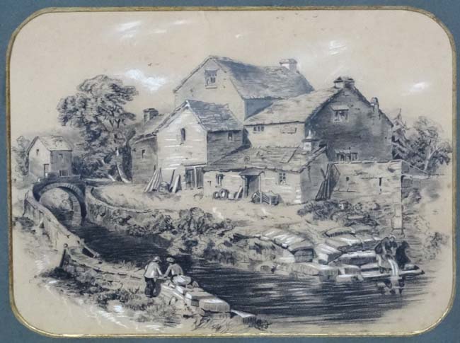 XIX English School Charcoal and chalk Cottage and figures beside a river 10 1/2 x 14" - Image 3 of 3