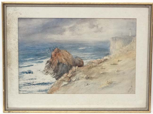 XIX Scottish School Watercolour Lighthouse with sheep grazing at ' Cape Wrath ...