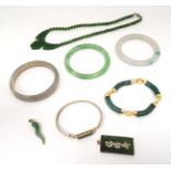 Assorted jewellery including jadeite / nephrite hardstone bangles, bracelets, necklace,