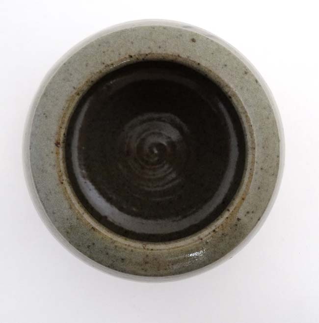 A signed studio pottery pot decorated with black marks on a grey/green ground , - Image 4 of 5