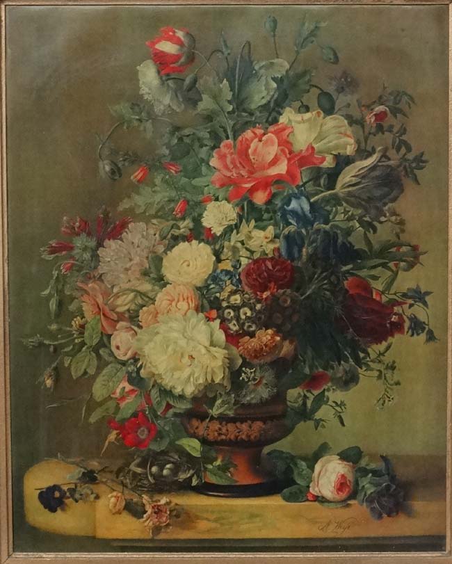 After Weiss XIX Dutch School Olegraph with ornate gilt frame Still life of flowers in a pedestal - Image 3 of 4