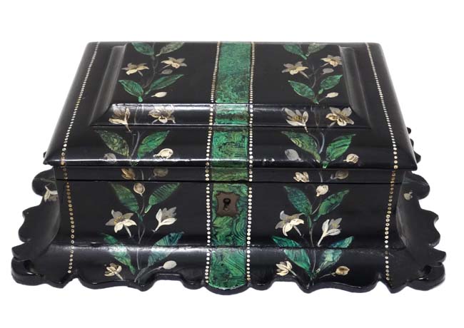 A Victorian papier mache hinged lidded box with faux malachite and floral decoration approx 9 1/2" - Image 4 of 6