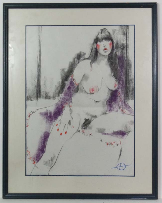 Monogrammed mid- late XX, Pastel and charcoal, Seated nude, Signed lower right,