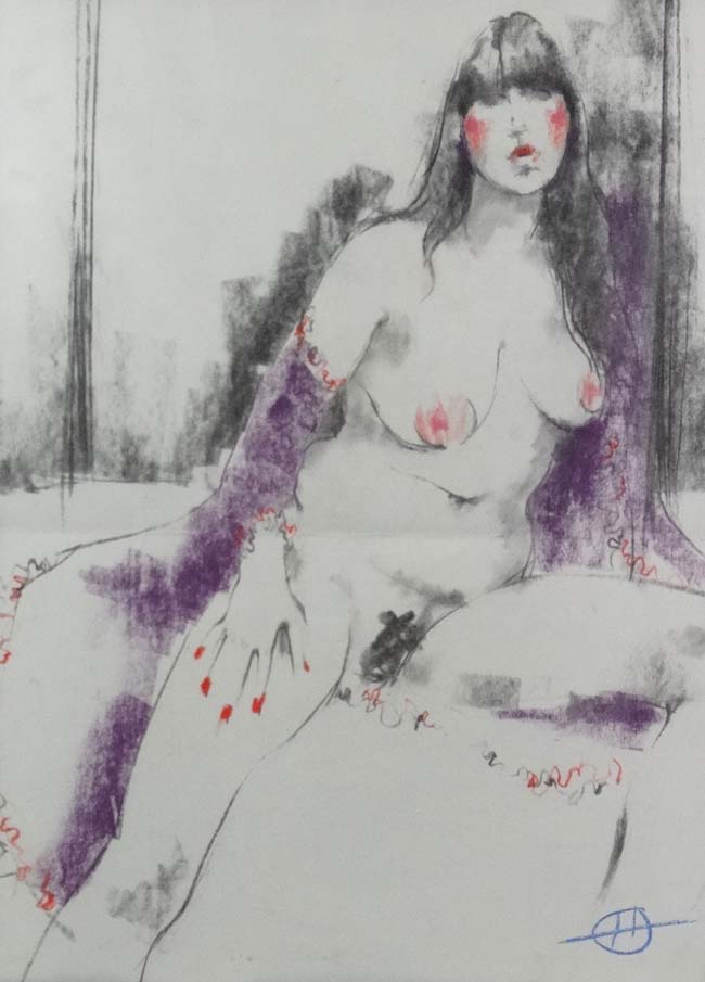 Monogrammed mid- late XX, Pastel and charcoal, Seated nude, Signed lower right, - Image 4 of 4