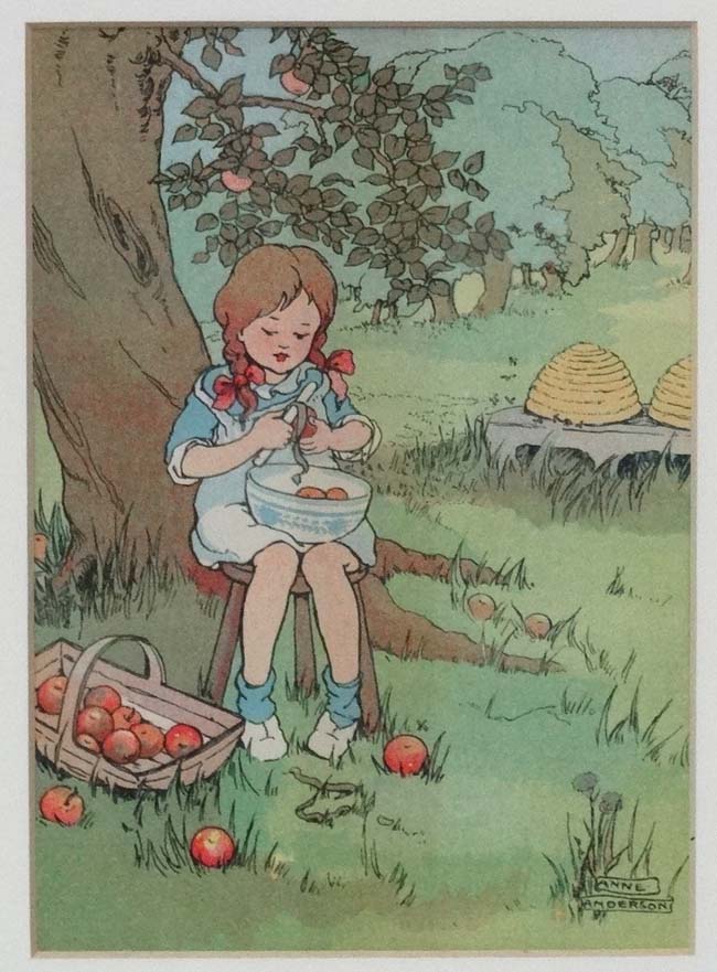 After Anne Anderson (1874-1952) Scottish Illustrator Coloured print Peeling apples under a - Image 3 of 4