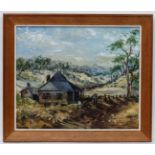 Jan Austin XX New South Wales ,Australia, Oil on canvas, Australian homestead in the Outback Bush,