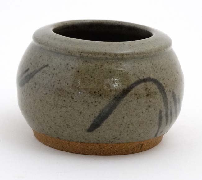 A signed studio pottery pot decorated with black marks on a grey/green ground , - Image 3 of 5