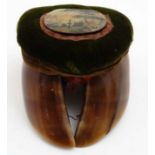 A 19thC bovine hoof pin cushion with snuff box / compartment inserted to top.