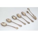 5 silver trefid spoons hallmarked Sheffield 1925/26 together with sugar tongs 1925 maker Cooper