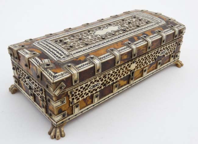 A 19thC Tortoiseshell and ivory table casket standing on four hairy lions paw feet and opening to - Image 5 of 8
