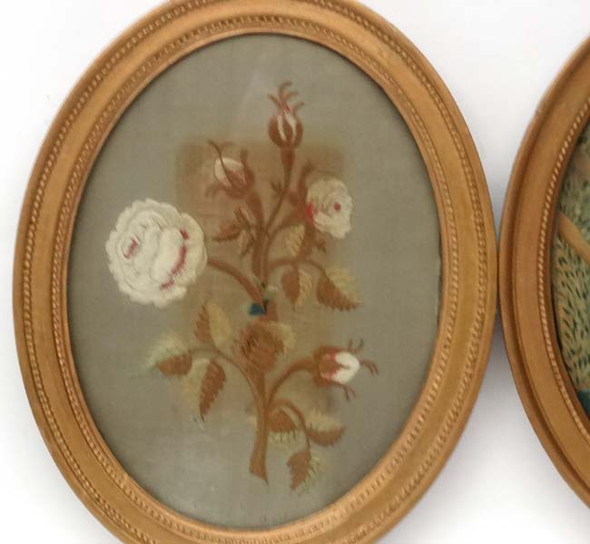 Regency oval silks Two gilt framed needleworks A shepherdess carving the name of her beau 'Tancred - Image 3 of 4