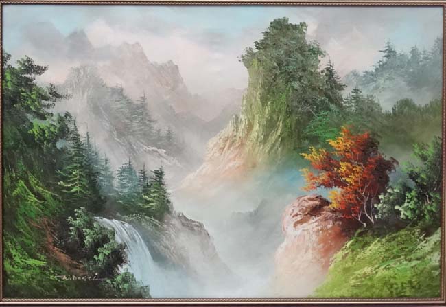 W Dossi XX Oil on canvas Waterfall in the mountains Signed lower left 24 x 36" - Image 3 of 4