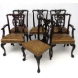 A 19thC set of 6 (4+2) mahogany leather seated Chippendale style dining chairs