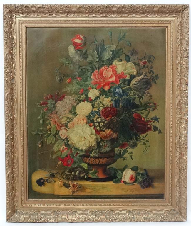 After Weiss XIX Dutch School Olegraph with ornate gilt frame Still life of flowers in a pedestal