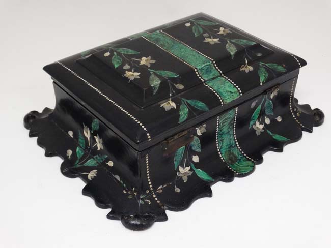 A Victorian papier mache hinged lidded box with faux malachite and floral decoration approx 9 1/2" - Image 5 of 6