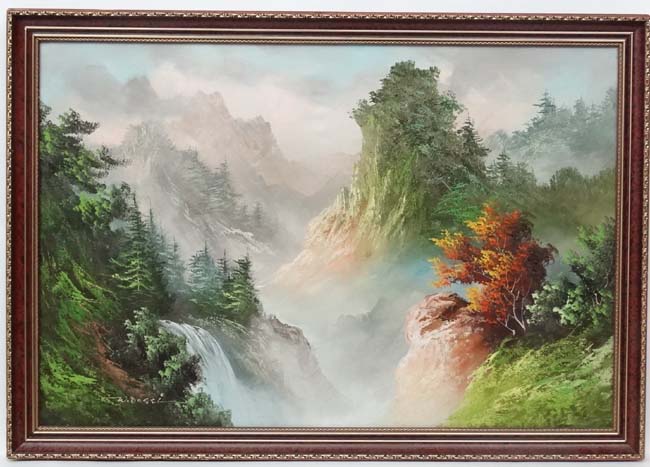 W Dossi XX Oil on canvas Waterfall in the mountains Signed lower left 24 x 36"