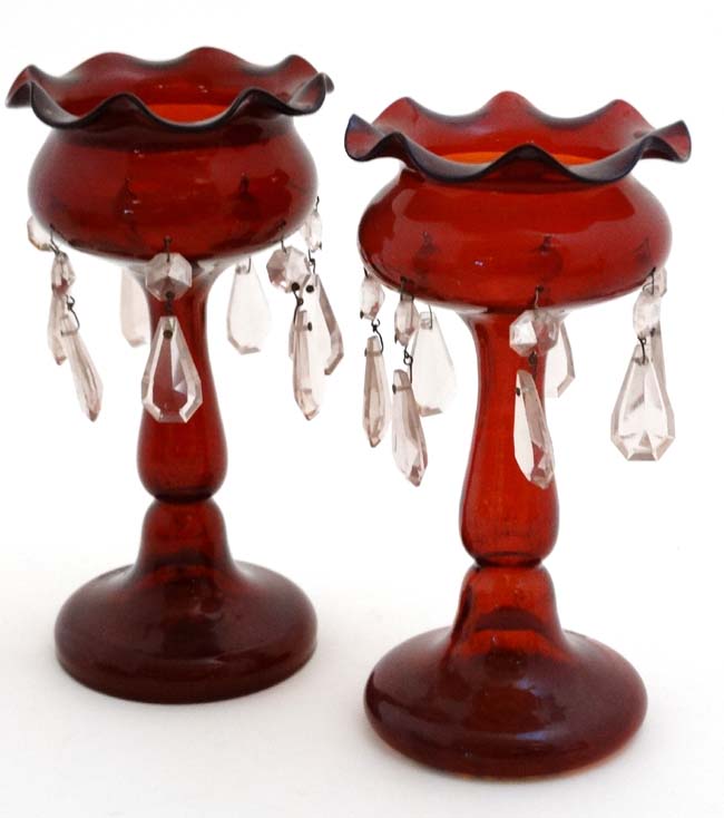 A pair of late 19thC / early 20thC ruby glass pedestal table lustres with clear glass lustre drops - Image 3 of 4