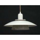 Vintage Retro : a Danish pendant light with white liveried shade and ice glass under shade ,