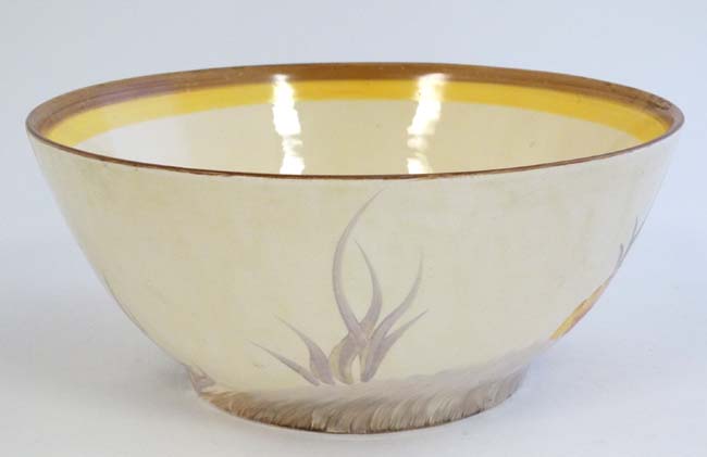 A c1930's Clarice Cliff '' Rhondanthe '' pattern bowl hand painted in yellow, orange, - Image 5 of 8