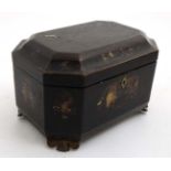 An eary 19thC Chinese paper-mache lacquered octagonal chinoiserie decorated box with carved gilded