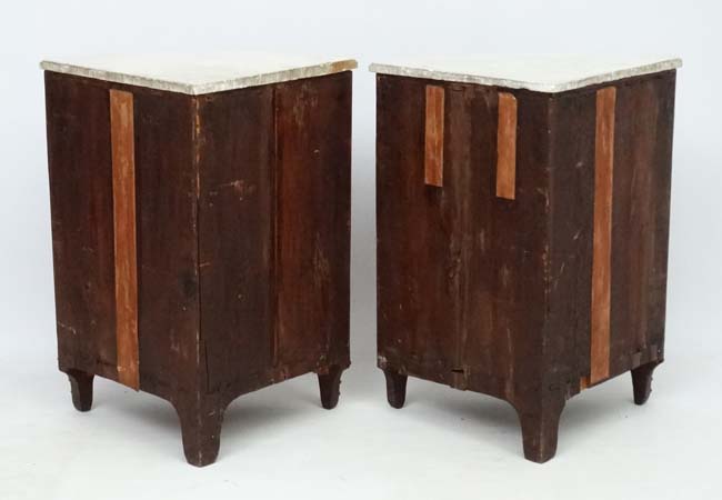 J B Vassou : A pair of mid - late 18thC tulip and kingwood white marble topped corner cabinets - Image 9 of 12