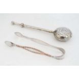 18thC Old Sheffield Plate sugar tongs together with a late 19thC / early 20thC silver plate tea