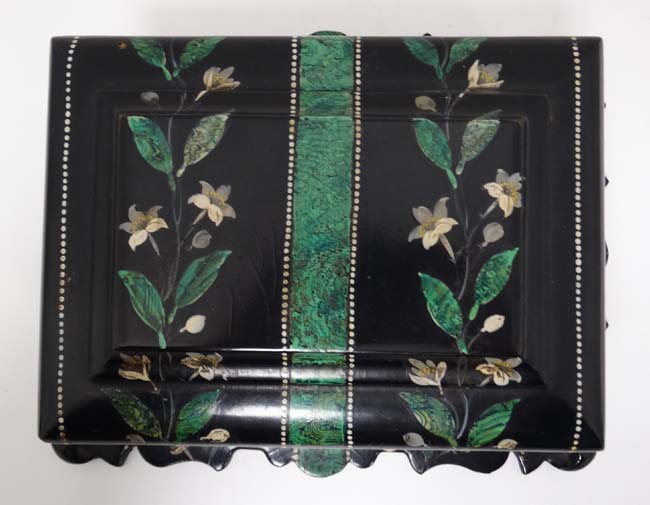 A Victorian papier mache hinged lidded box with faux malachite and floral decoration approx 9 1/2" - Image 6 of 6