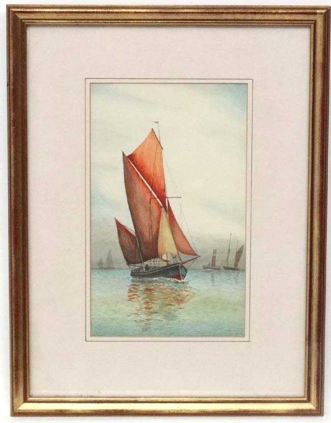 XIX-XX Maritime School Watercolour with gouache Sailing barge on the sea near a port 10 5/8 x 6