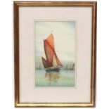 XIX-XX Maritime School Watercolour with gouache Sailing barge on the sea near a port 10 5/8 x 6