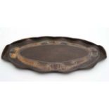 A late 19thC Art Nouveau plannished copper oval tray 18 1/4" long x 9 3/4" wide and approx 5/8"