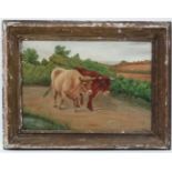 W Meller XIX-XX Oil on card Two cattle walking a road Signed lower left 11 1/2 x 16 1/2"