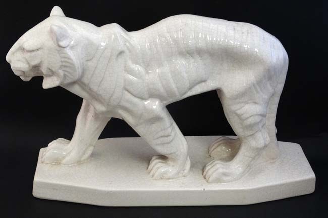 An Art Deco style Emaux De Louviere style white crackle glaze figure of a tiger, - Image 4 of 5