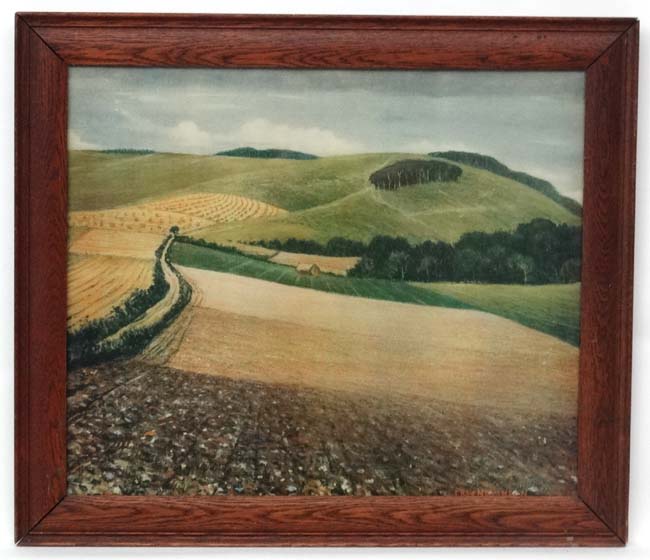 After C R W Nevinson (1889-1946) ARA Coloured print ' The Peaceful Rhythm of the Downs ' Titled