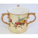A c1903 Royal Worcester blush ivory three handled tyg decorated with flowers,