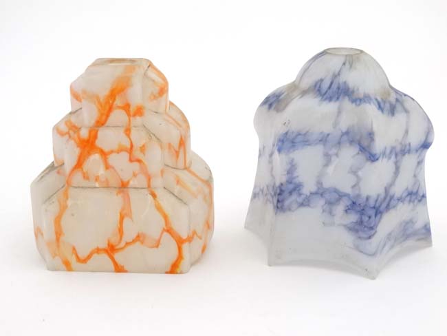 Two Art Deco glass light / lamp shades one of mottled / marbled orange white and clear glass,