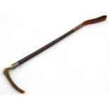 Equestrian : An early 20thC Antler handled , weaved Leather covered Hunting Crop / Whip ,