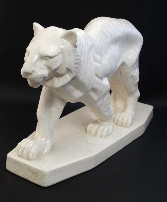 An Art Deco style Emaux De Louviere style white crackle glaze figure of a tiger, - Image 5 of 5