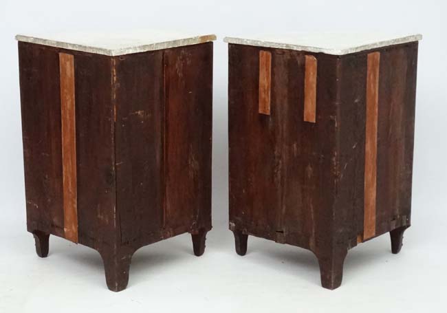 J B Vassou : A pair of mid - late 18thC tulip and kingwood white marble topped corner cabinets - Image 2 of 12