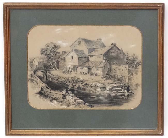 XIX English School Charcoal and chalk Cottage and figures beside a river 10 1/2 x 14"