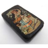 A 18thC papier-mache box with image to top of a Continental girl with fruit and vines 3 3/4" long