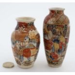 Two c1920s miniature earthenware Satsuma vases, each hand decorated with figures.